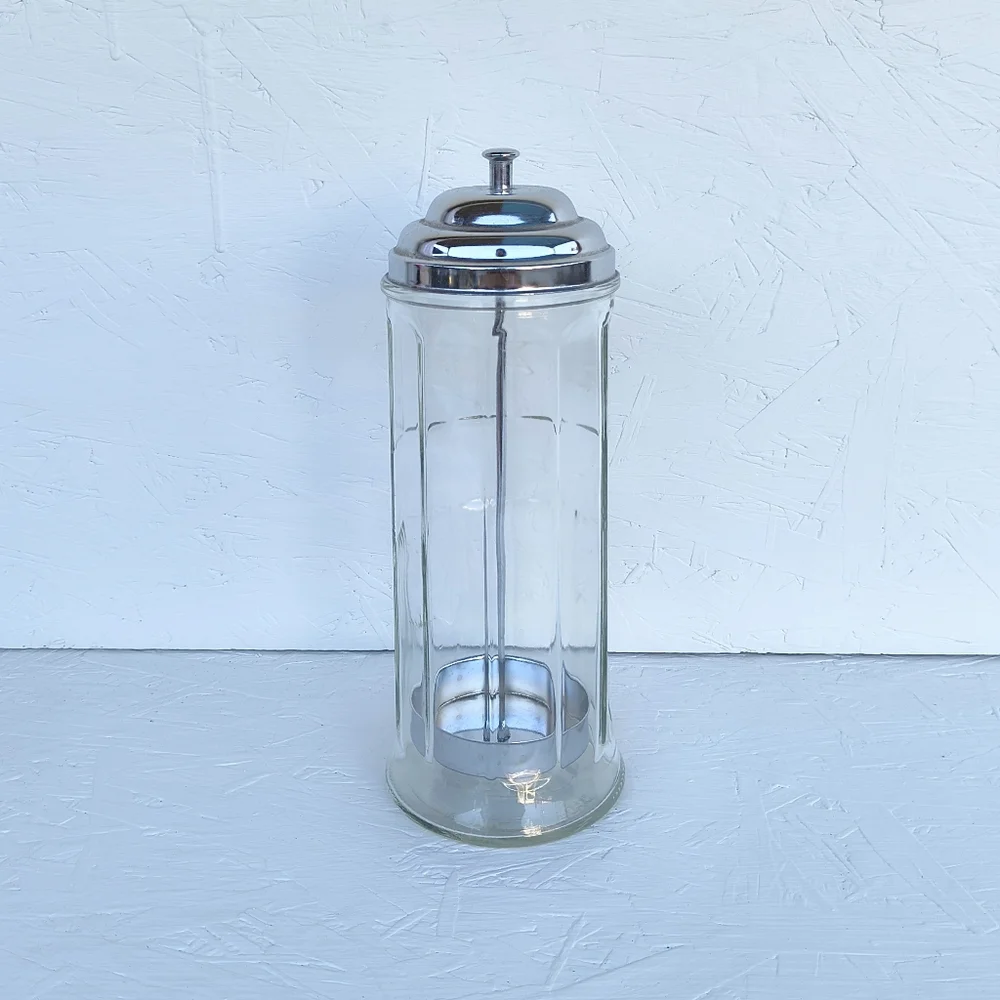 TABLE CRAFT | Vintage Glass Straw Dispenser Jar with Silver Lid & Handle